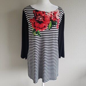 Susan Graver Liquid Knit Top Tunic Floral Stripe Lightweight 3/4 Sleeve Size M